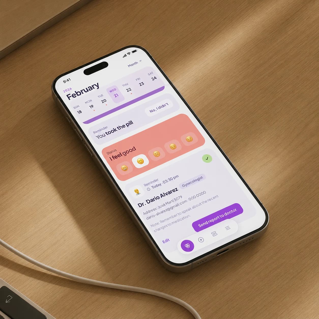 Phone on a wooden desk showing the Celbrea calendar and a doctor appointment reminder