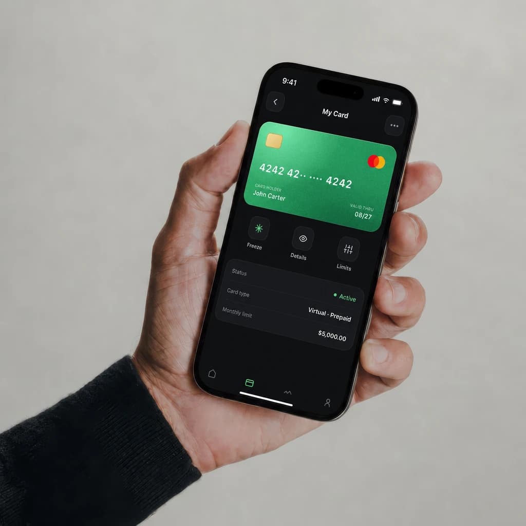 Hand holding a phone showing the Prepaid2Cash My Card screen with a green Mastercard