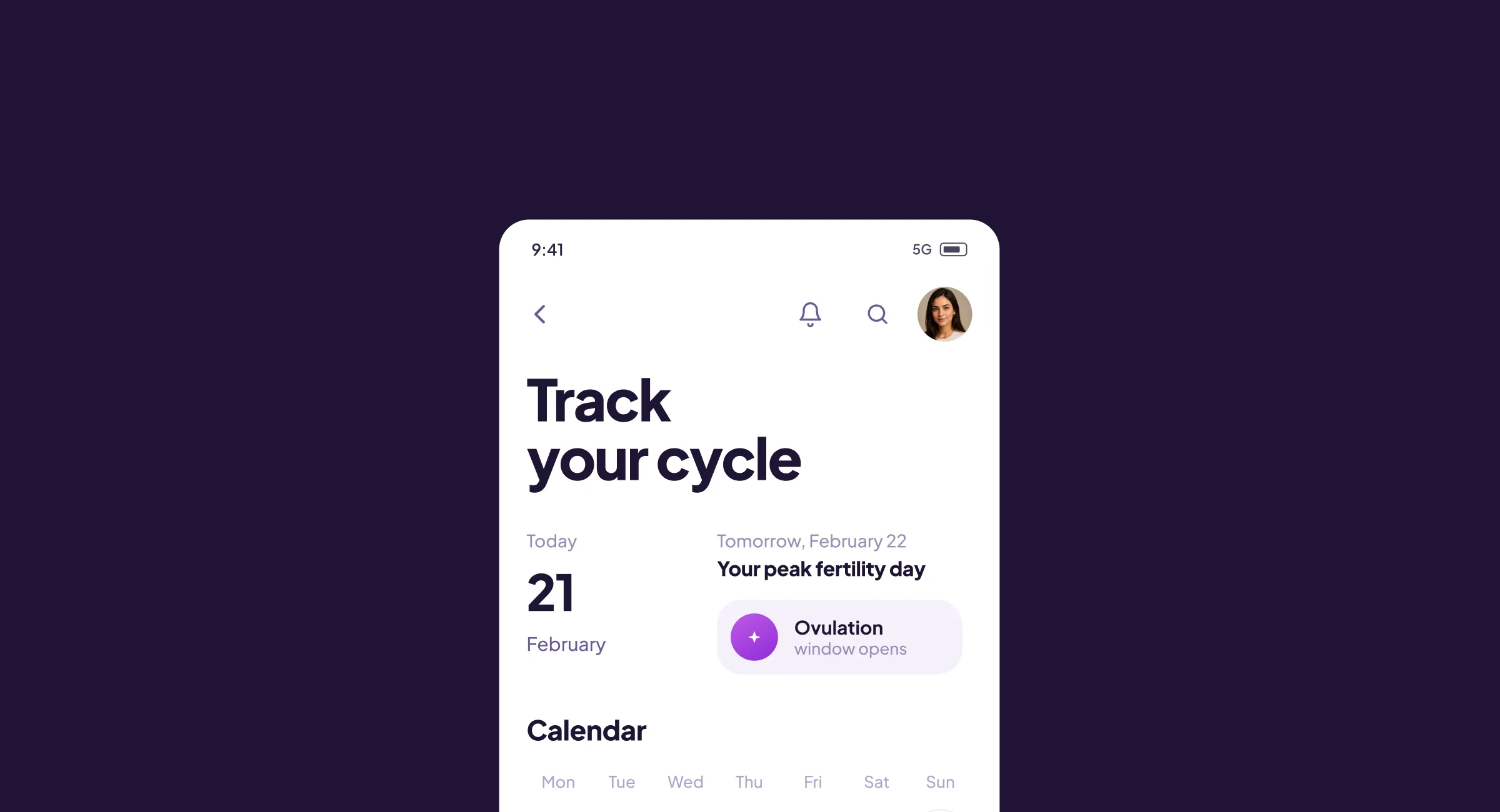 Celbrea's Track Your Cycle home screen on a phone mockup against a dark purple background