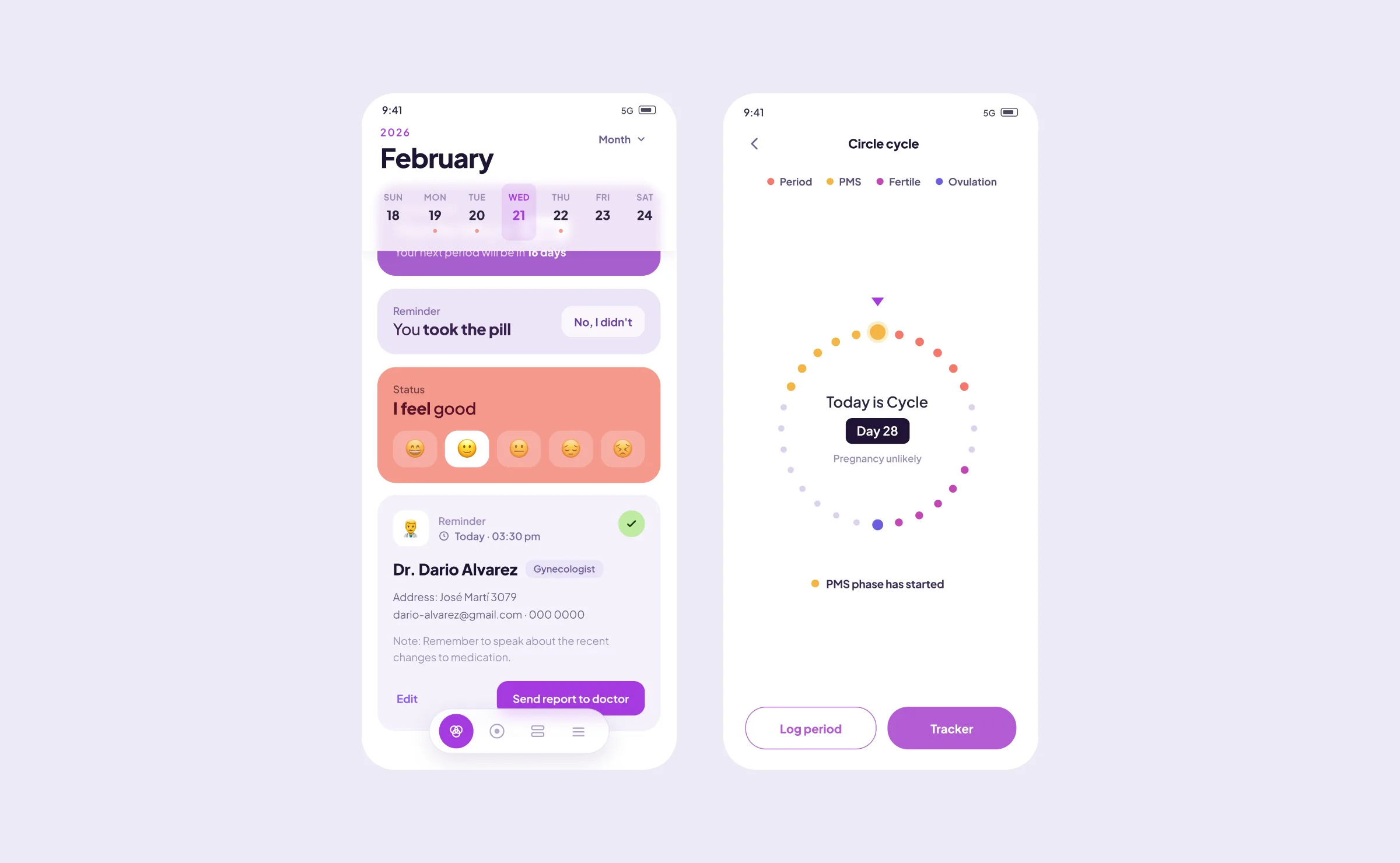 Track Your Cycle calendar screen and the Circle Cycle ring visualization shown side by side