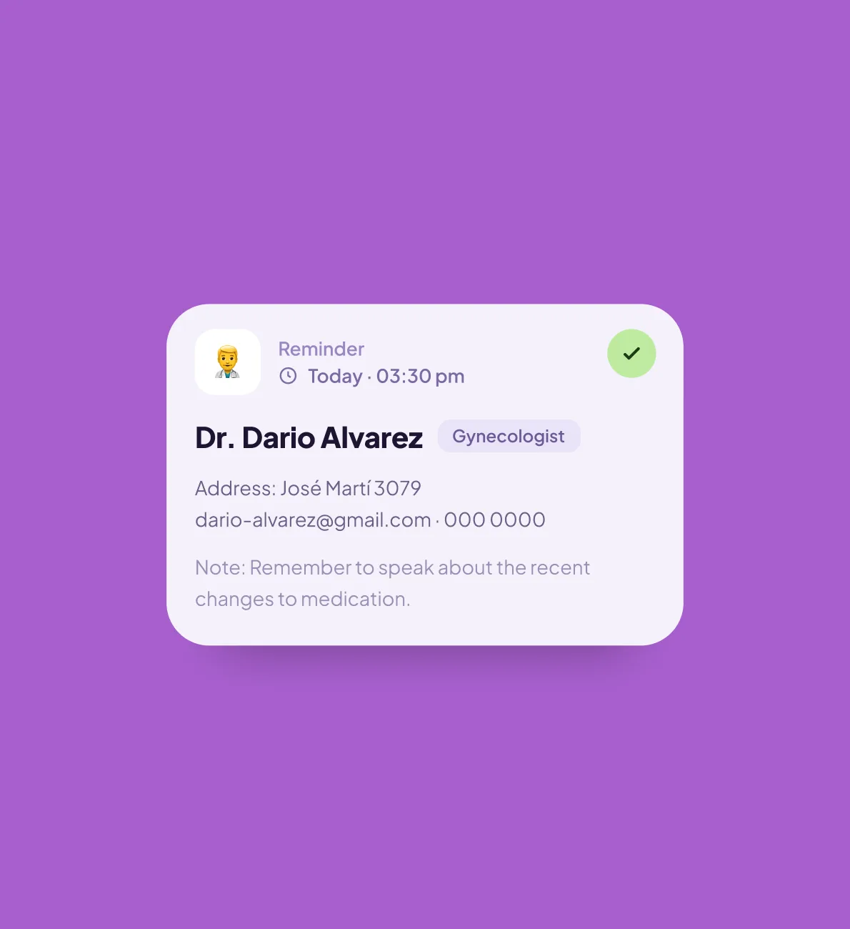 Close-up of a doctor appointment reminder card for Dr. Dario Alvarez