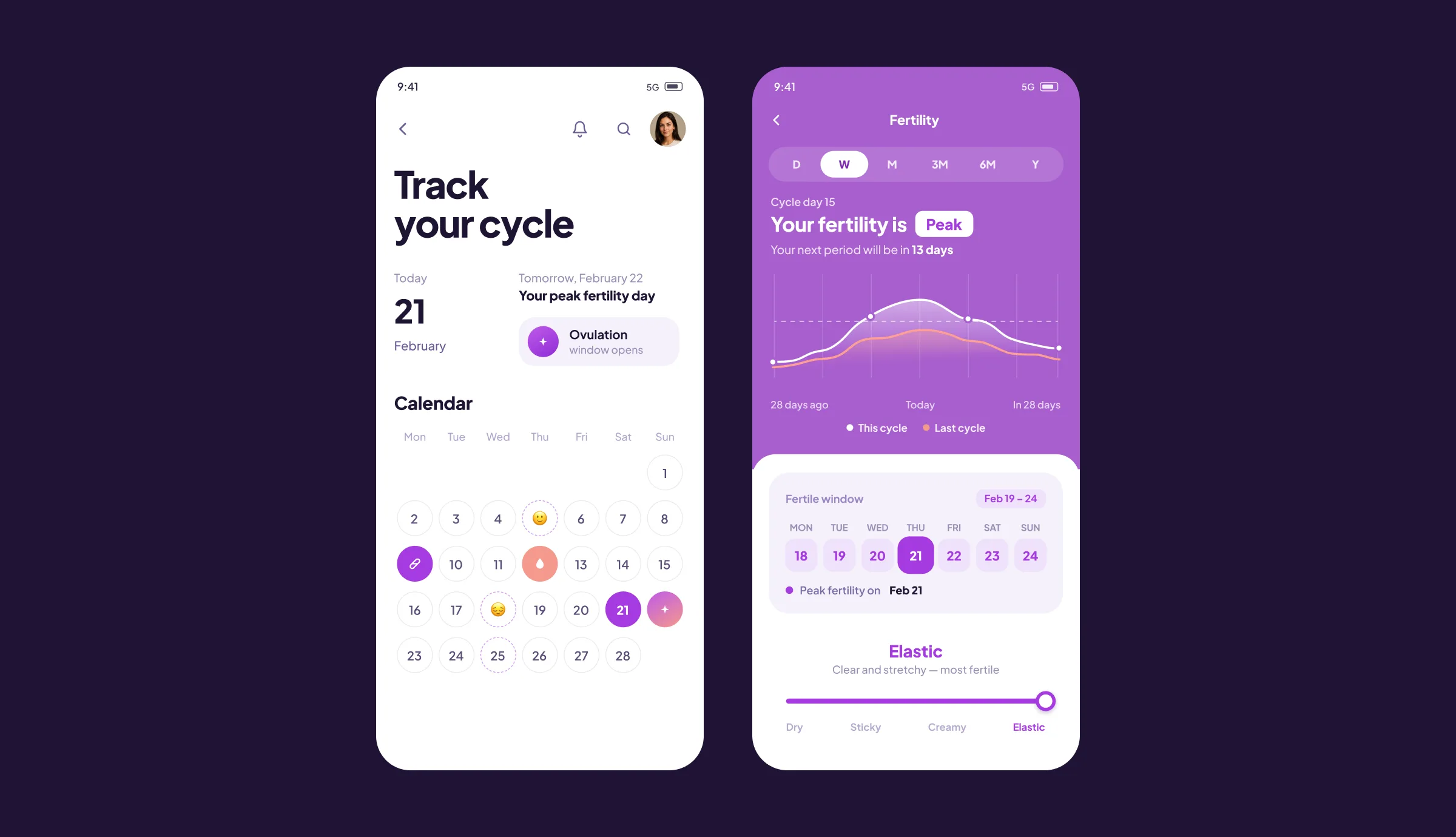 Track Your Cycle screen and the purple Fertility screen with fertile window and cervical fluid tracking