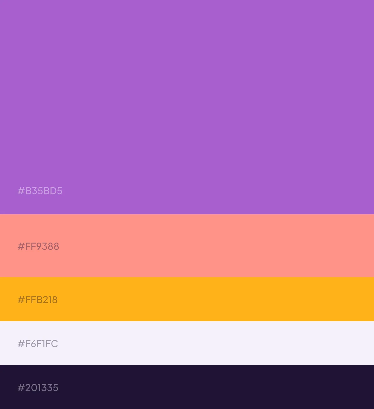 Color palette swatches with hex values in purple, coral, orange, lavender, and near-black
