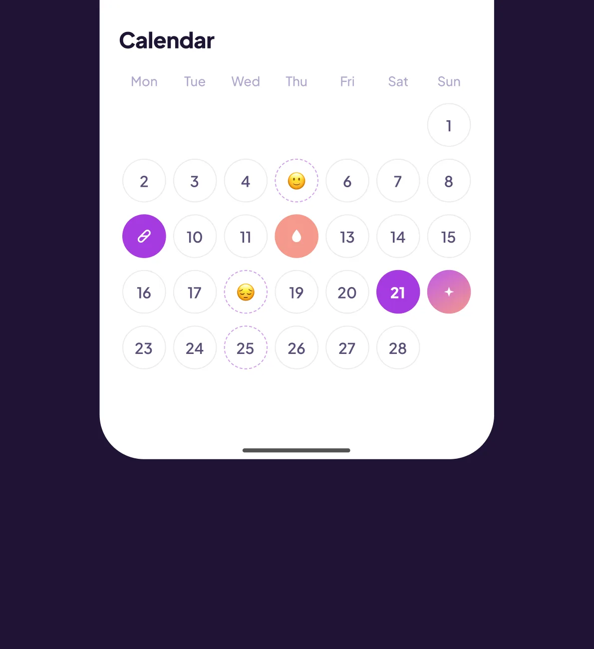 Close-up of the Calendar screen with logged moods, period days, and ovulation