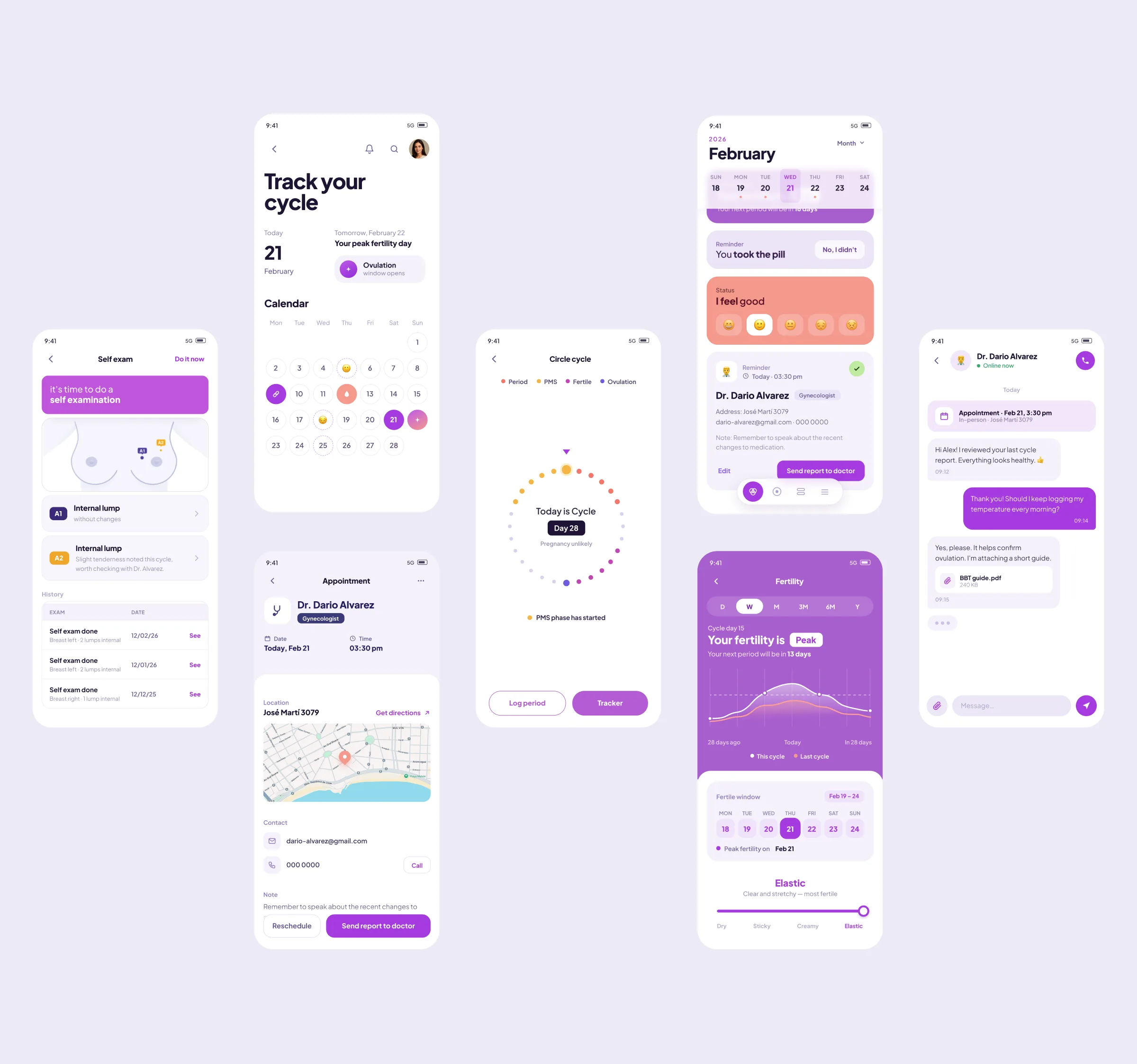 Full flow of Celbrea screens from self-exam and cycle tracking through appointments, fertility, and doctor chat