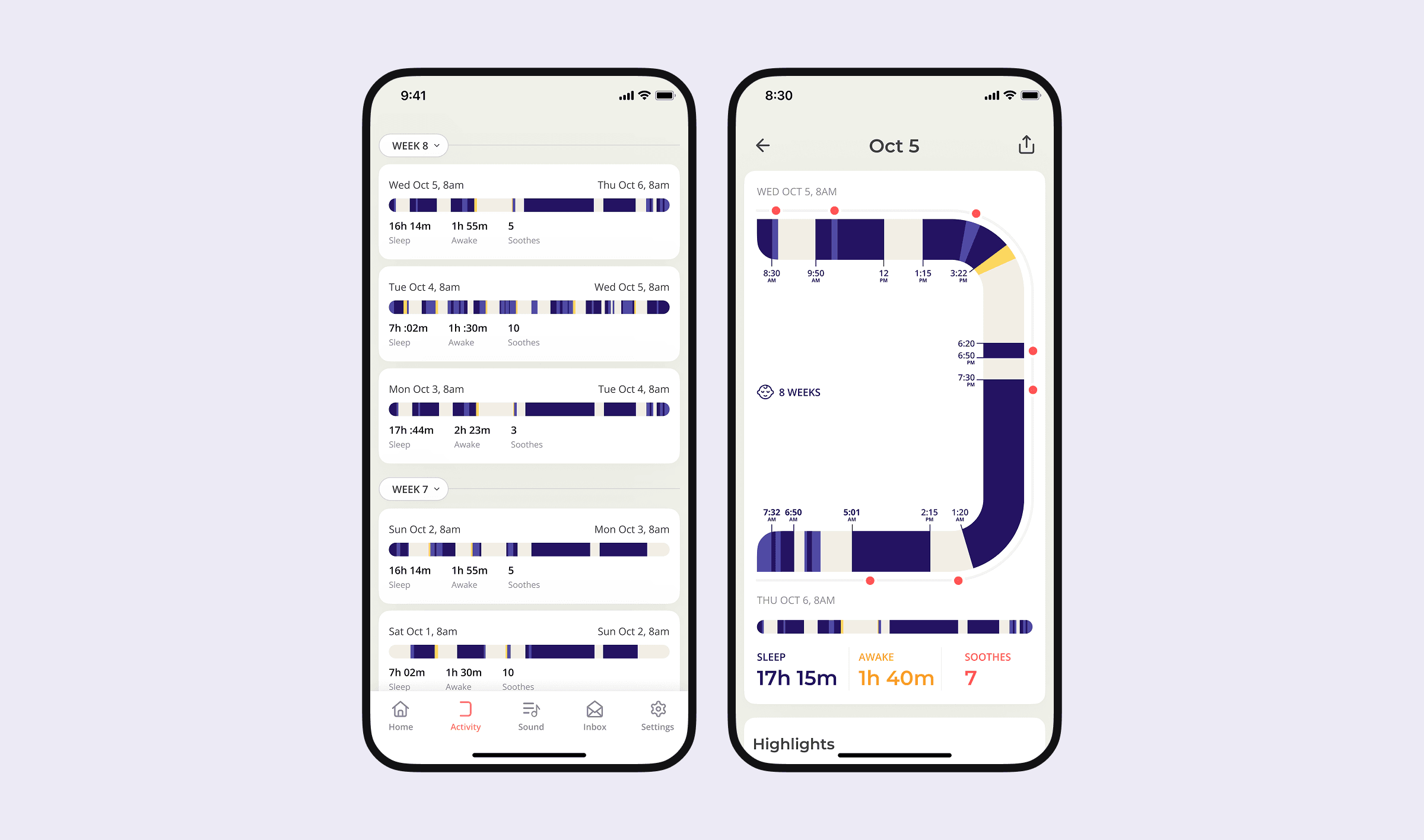 Weekly activity history list and a single day’s sleep timeline shown side by side on two phones