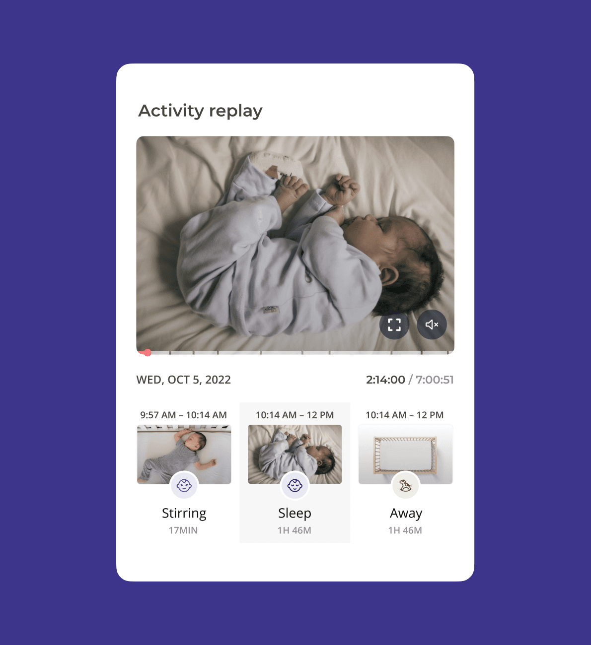 Activity replay card showing a paused nap-cam clip with Stirring, Sleep, and Away segments below