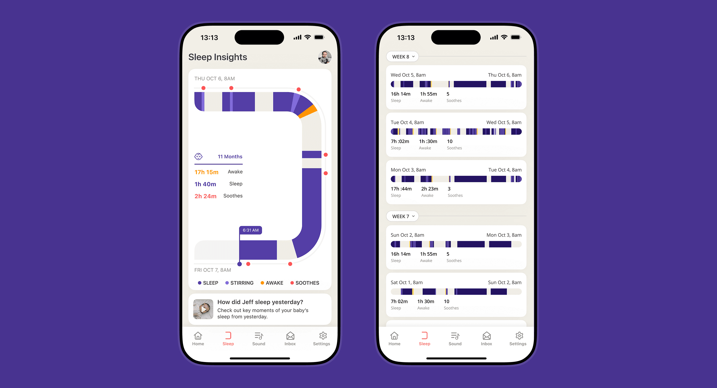 Sleep Insights home screen and the Week 8 sleep history list shown side by side on two phones against a purple background