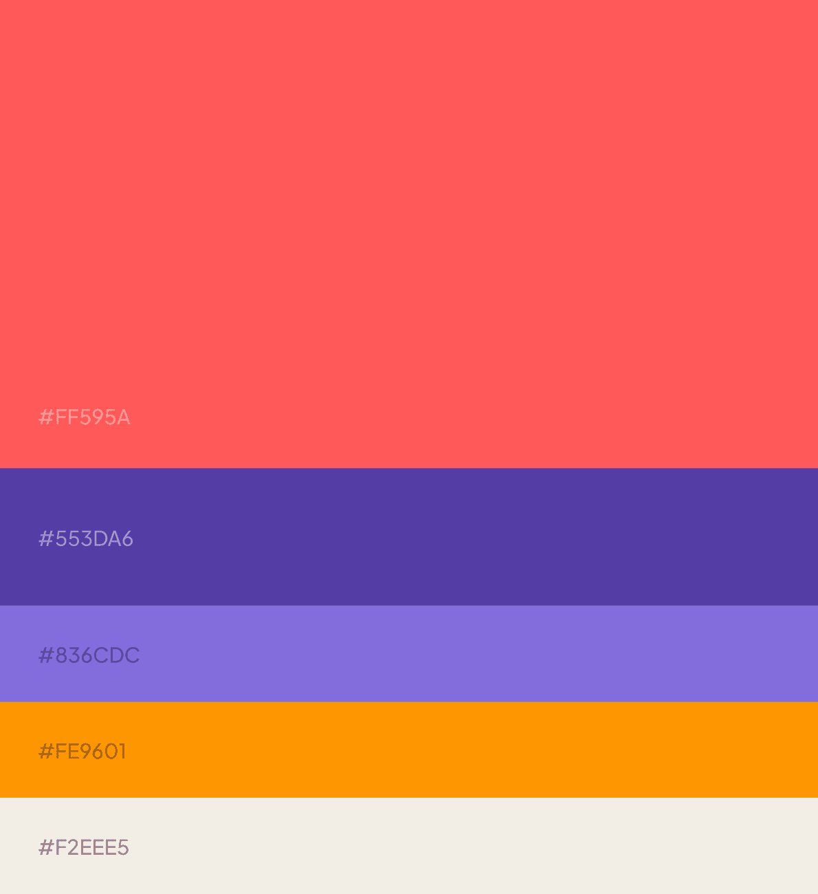Color palette swatches in coral red, deep purple, lavender, orange, and off-white with hex values
