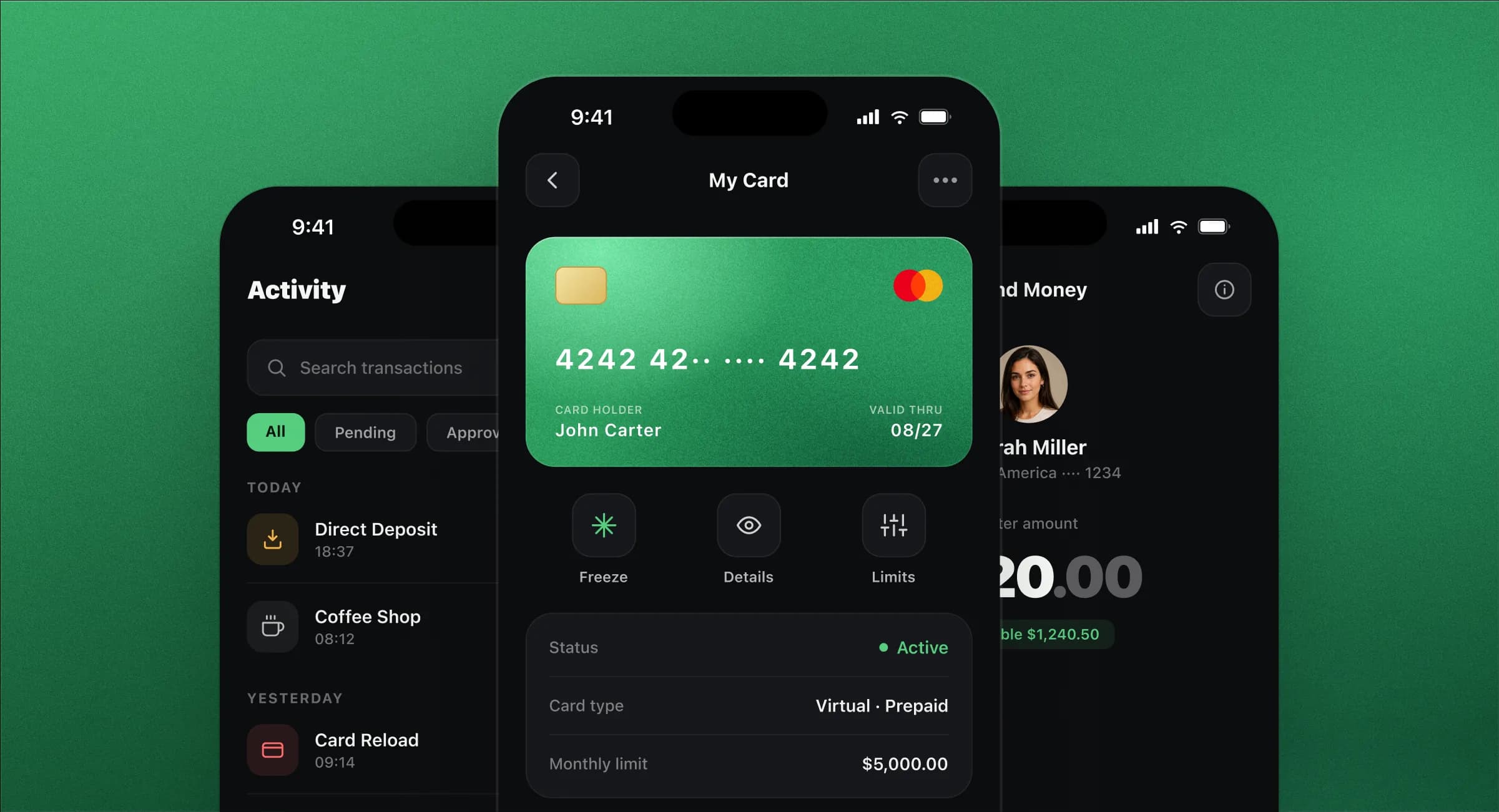Prepaid2Cash card, activity, and send money screens layered over a green textured background