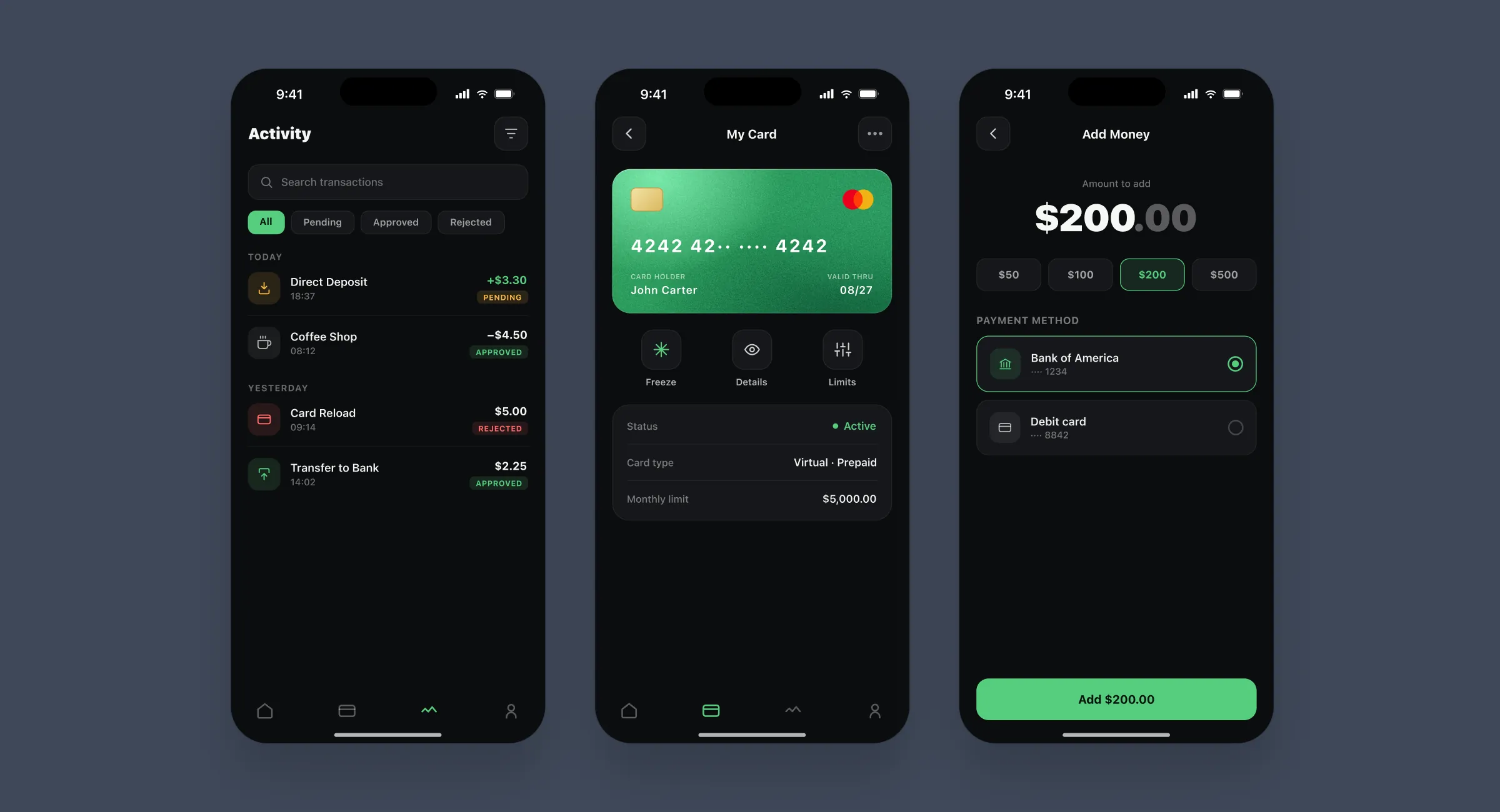 Activity feed, My Card, and Add Money screens shown side by side