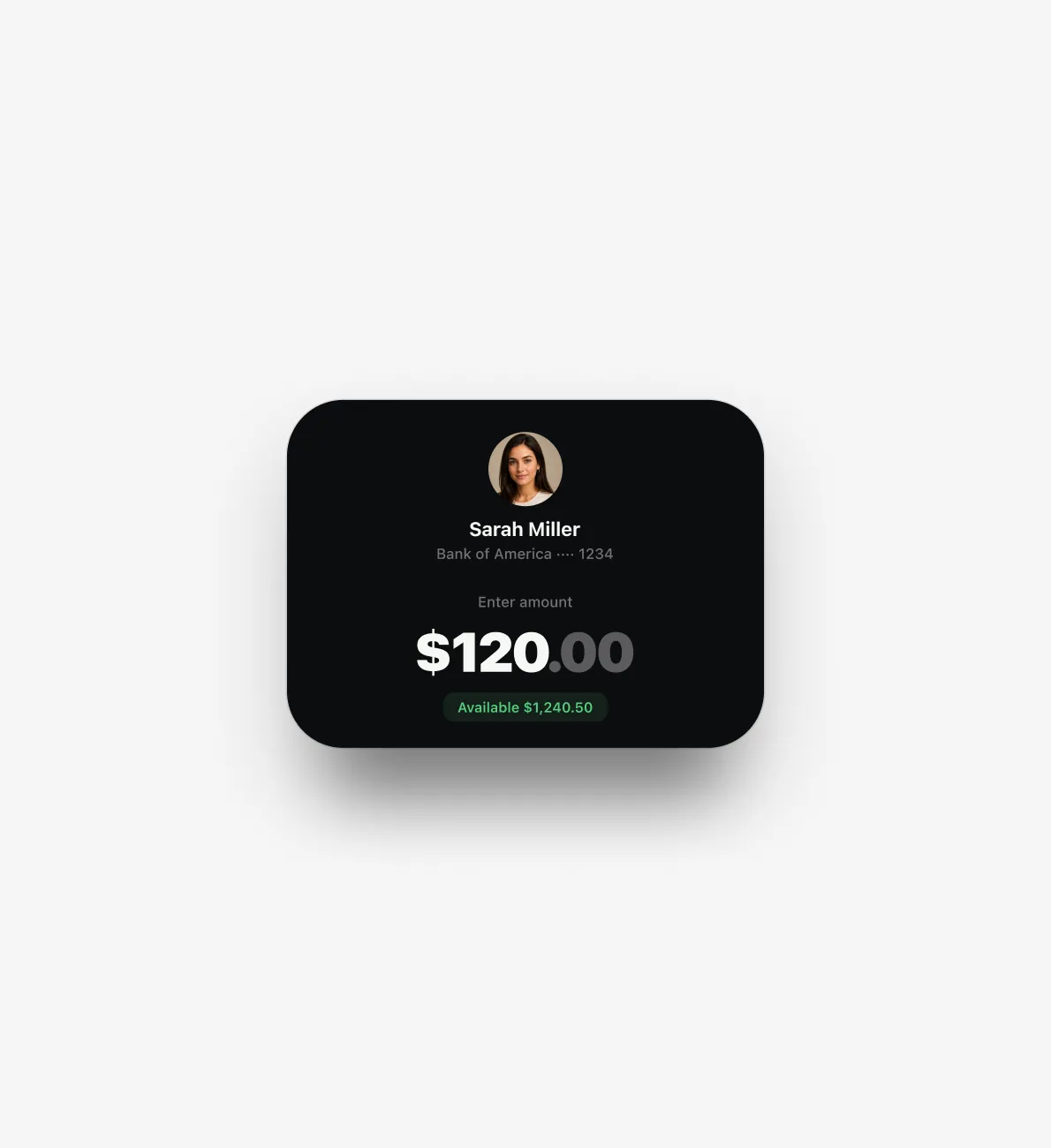 Send money confirmation card for a $120 transfer to Sarah Miller