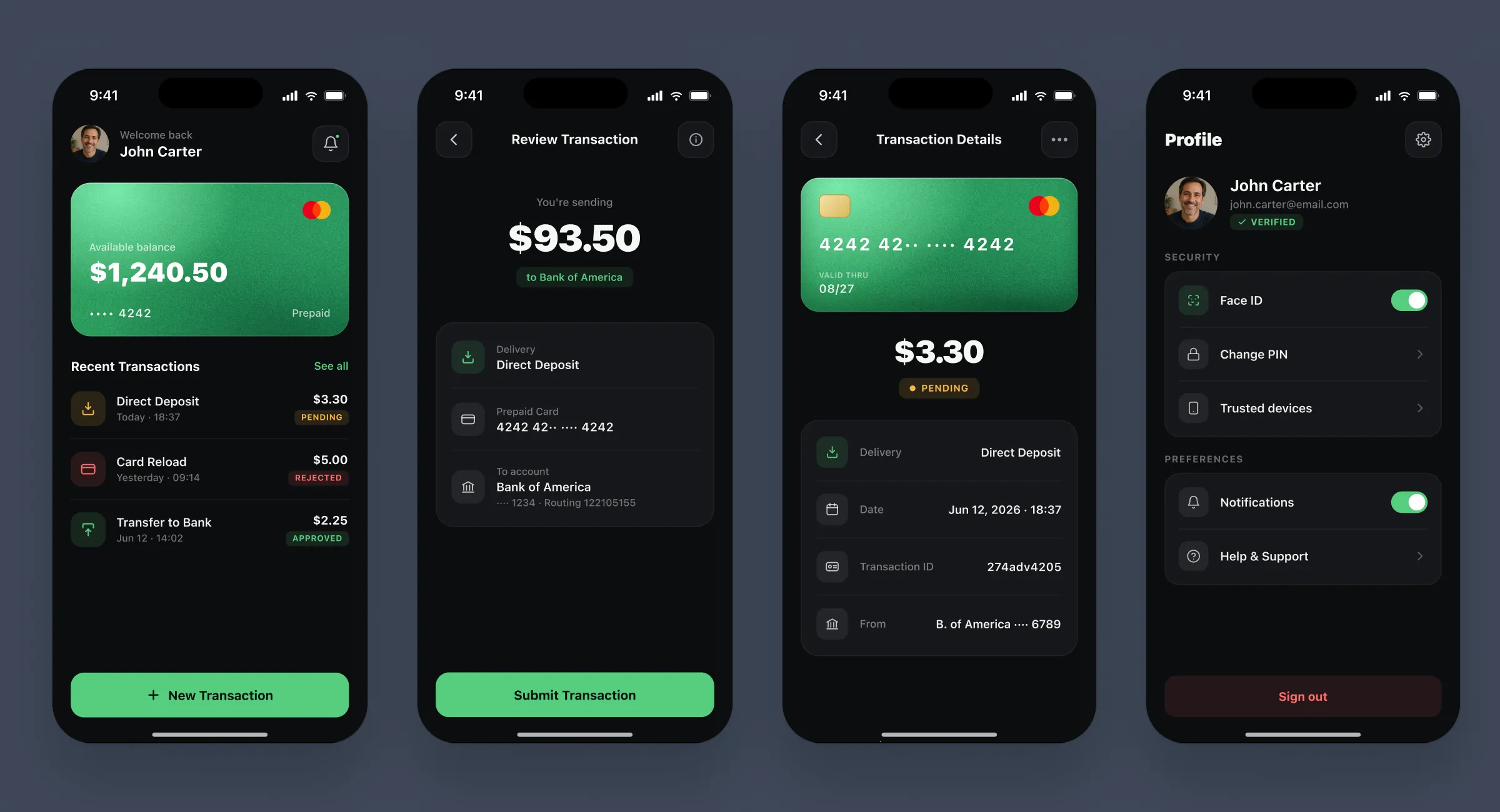 Home dashboard, review transaction, transaction details, and profile screens