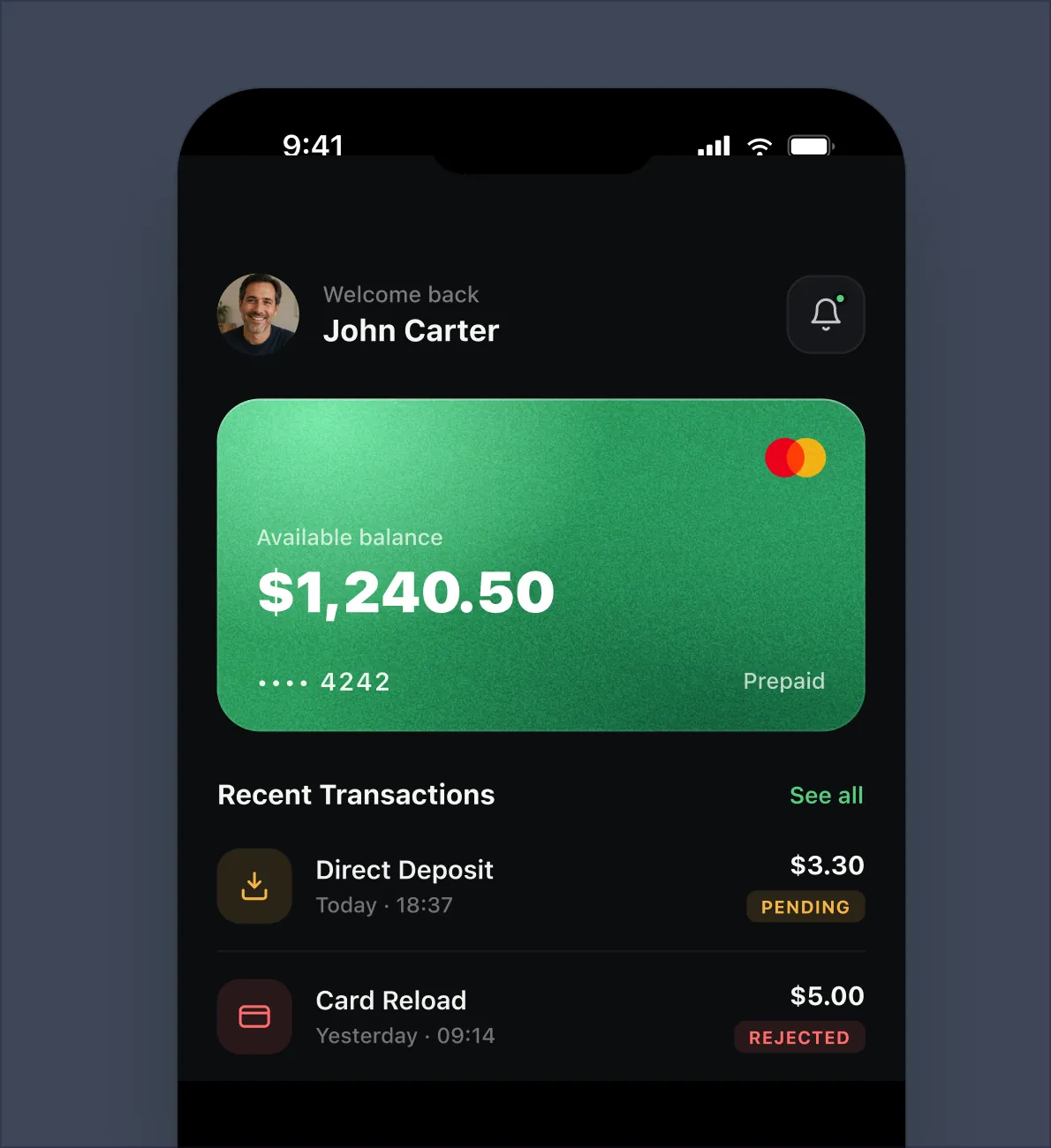 Home dashboard on a phone mockup showing balance and recent transactions