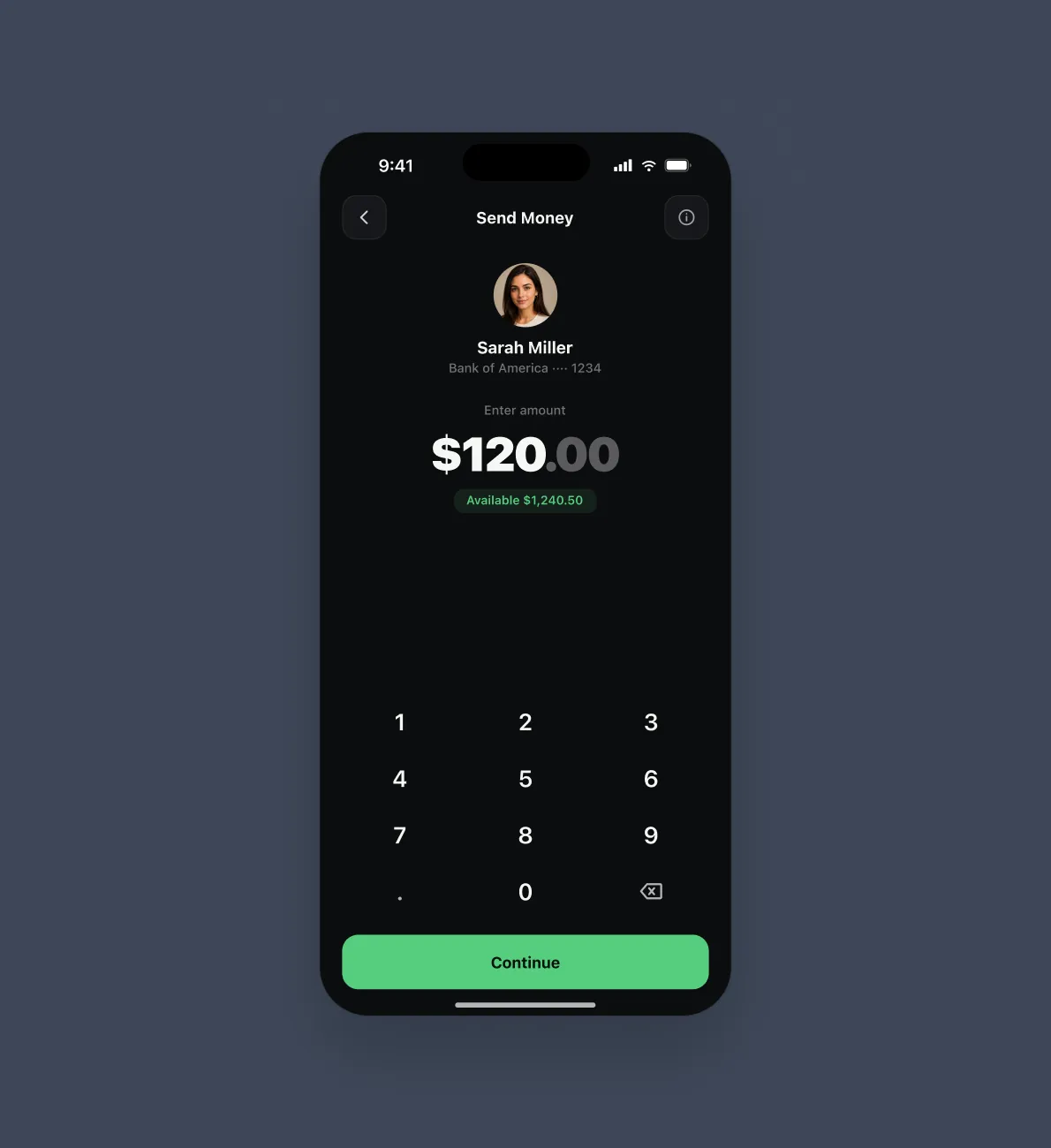 Send Money screen with a numeric keypad on a phone mockup