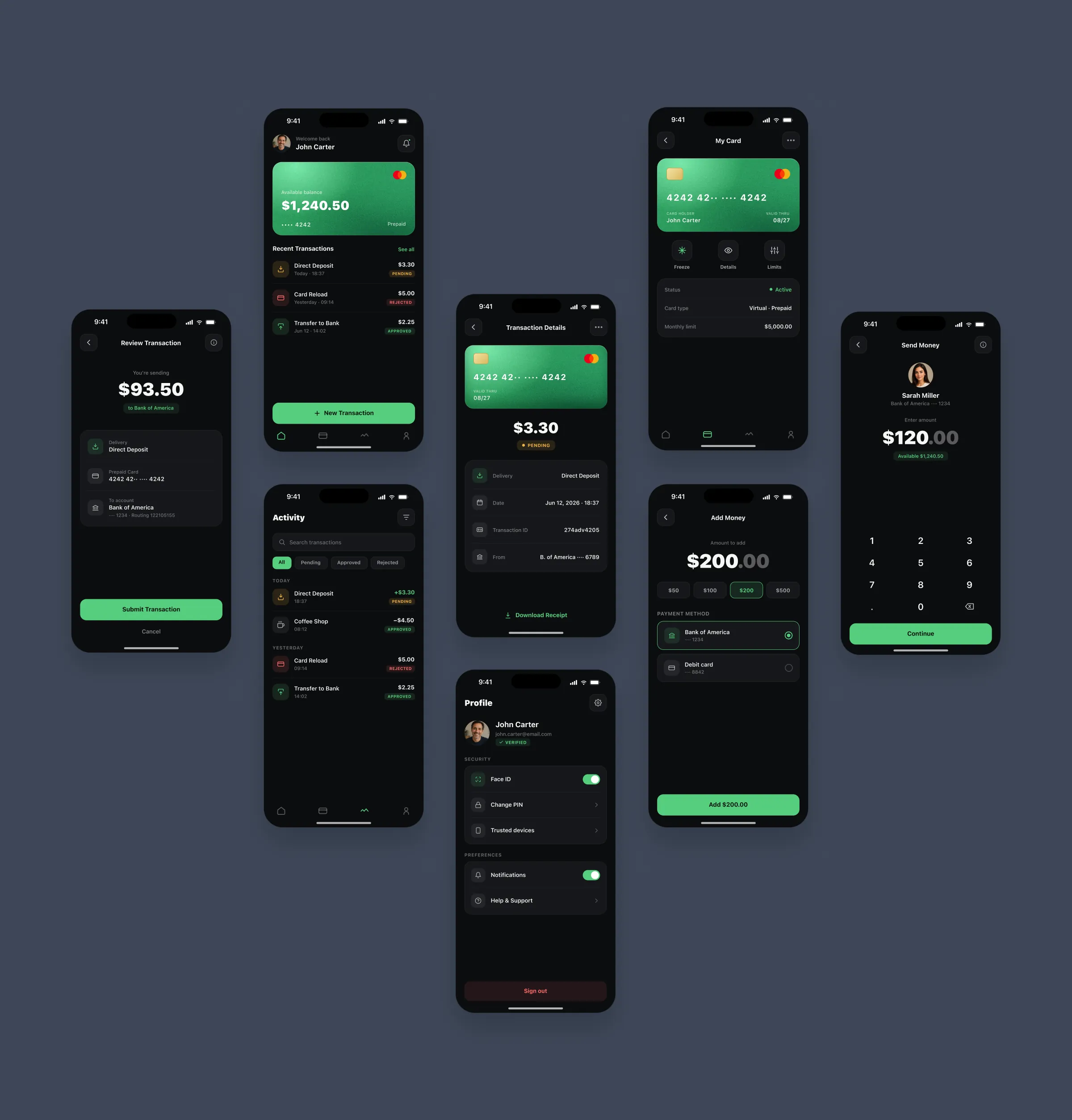 Full flow of Prepaid2Cash screens from review transaction through profile and send money